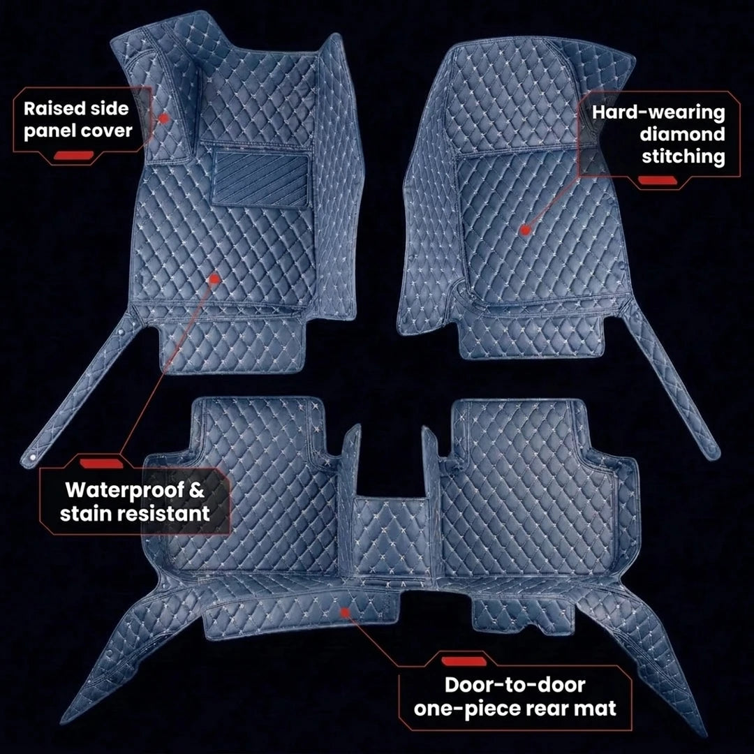 Full set of Matrikar Diamond Series car mats in Vintage Blue showing raised side panels, diamond stitching and the one-piece rear mat