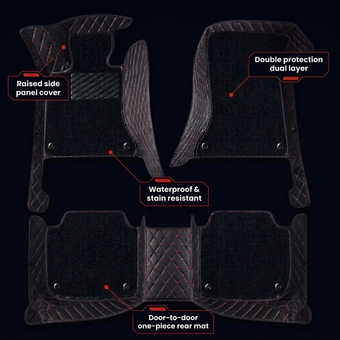 Dual-Layer Series Custom Fit Car Mats - Black & Red Stitching & Black Top Carpet