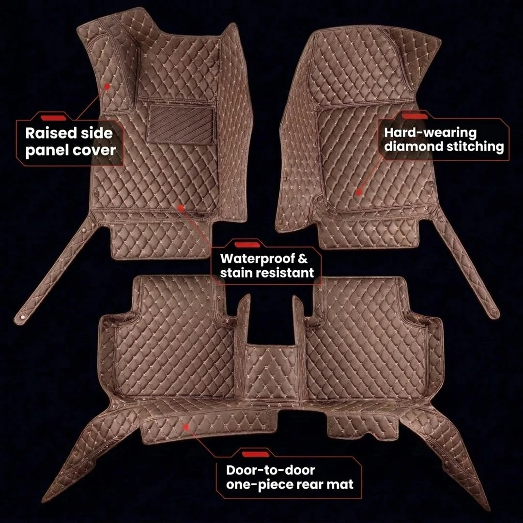 Full set of Matrikar Diamond Series car mats in Chocolate Brown showing raised side panels, diamond stitching and the one-piece rear mat