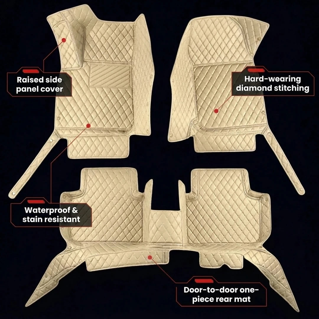 Full set of Matrikar Diamond Series car mats in Cream Beige showing raised side panels, diamond stitching and the one-piece rear mat
