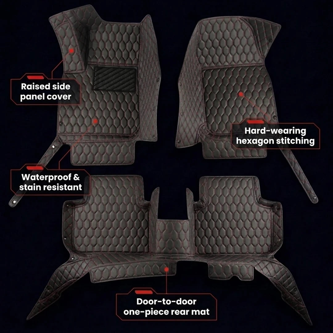 Hexa Series Custom Fit Car Mats - Black & Red Stitching