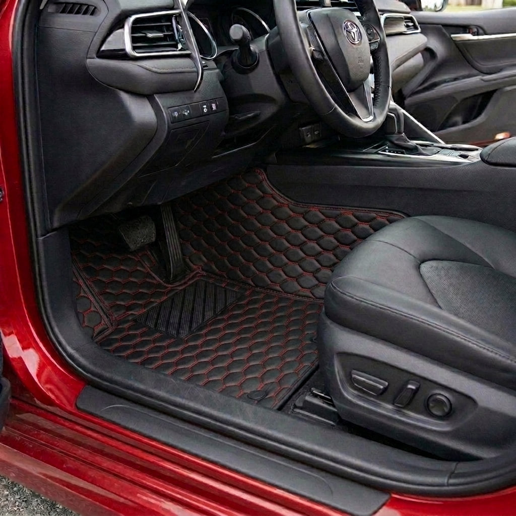 Matrikar Hexa Series custom fit car mats in Black with Red Stitching fitted in a Toyota Camry