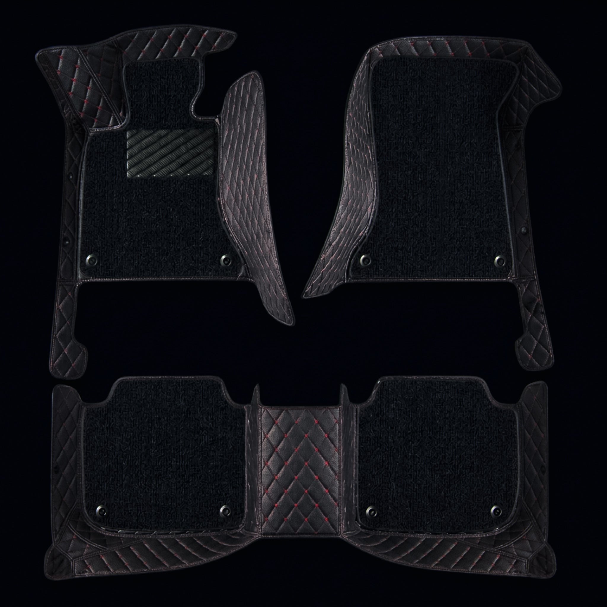 Dual-Layer Series Custom Fit Car Mats - Black & Red Stitching & Black Top Carpet