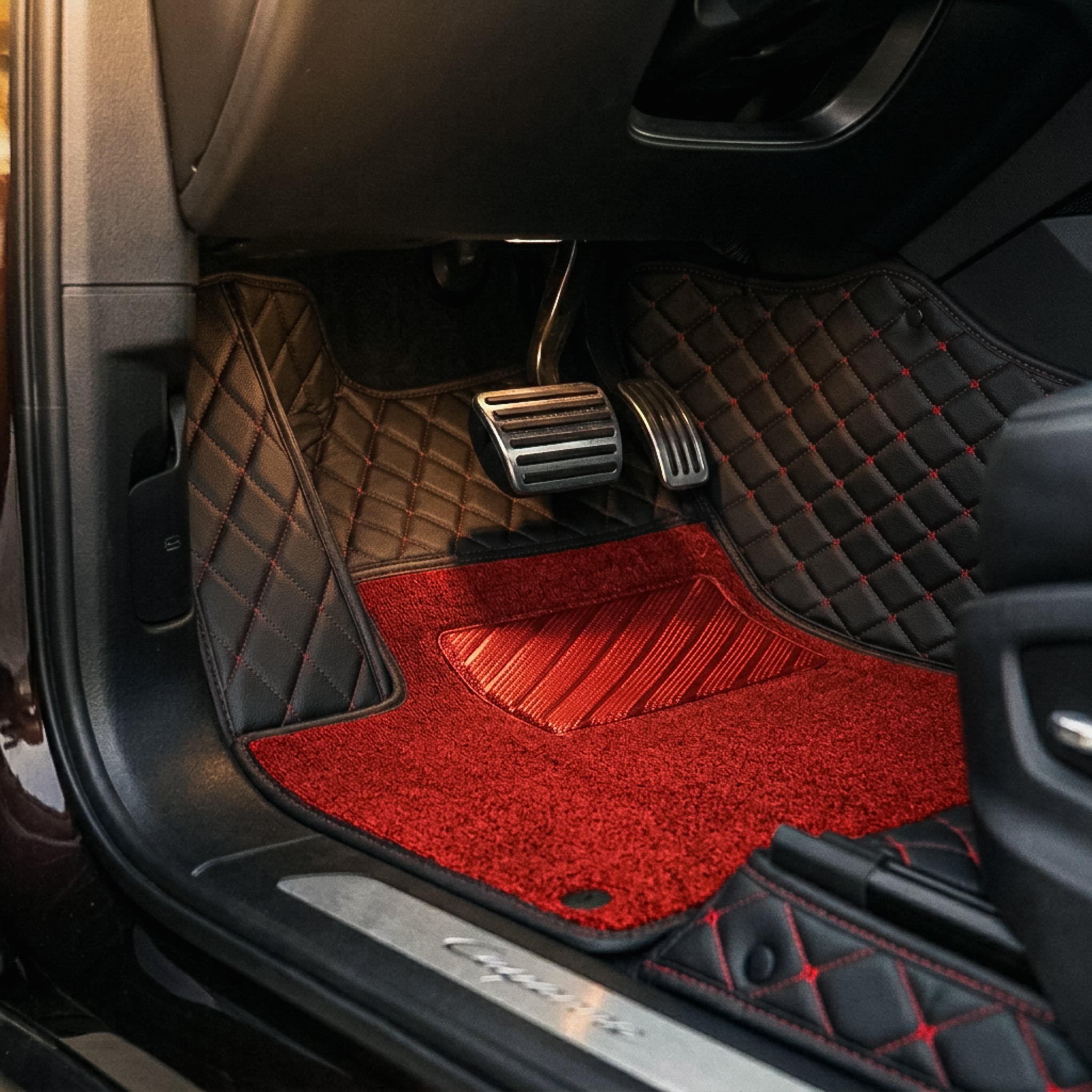 Dual-Layer Series Custom Fit Car Mats - Black & Red Stitching & Red Top Carpet