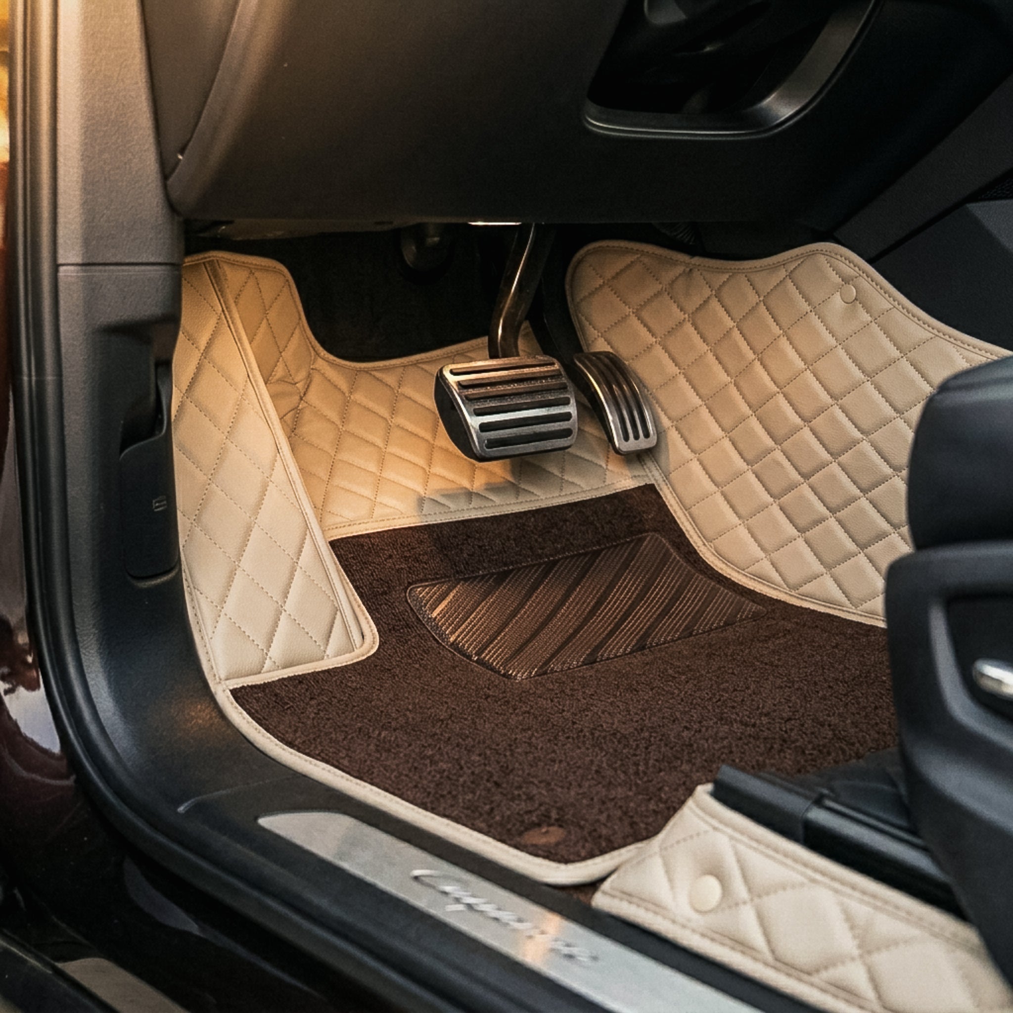 Dual-Layer Series Custom Fit Car Mats - Cream Beige & Brown Top Carpet