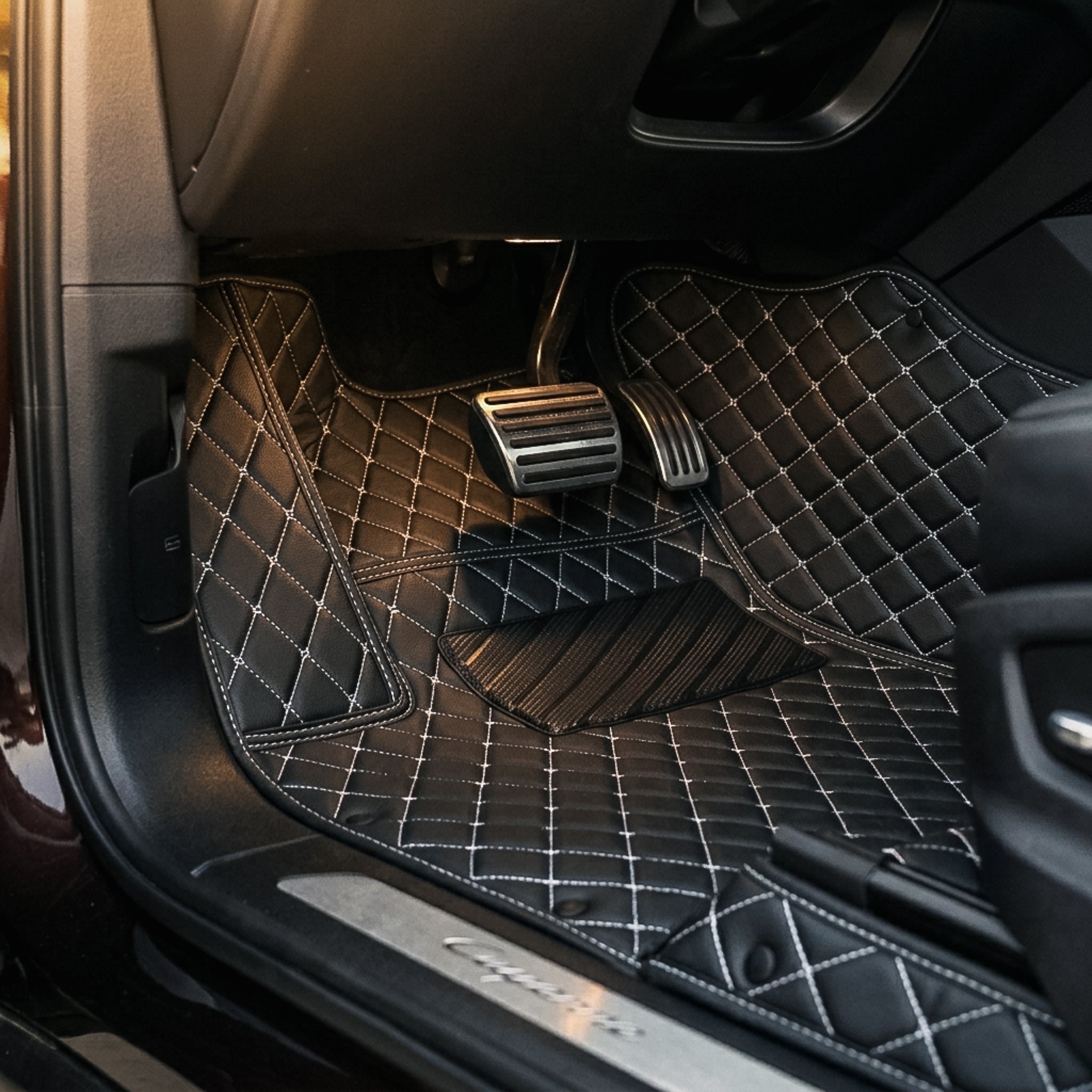 Diamond Series Custom Fit Car Mats - Black & White Stitching