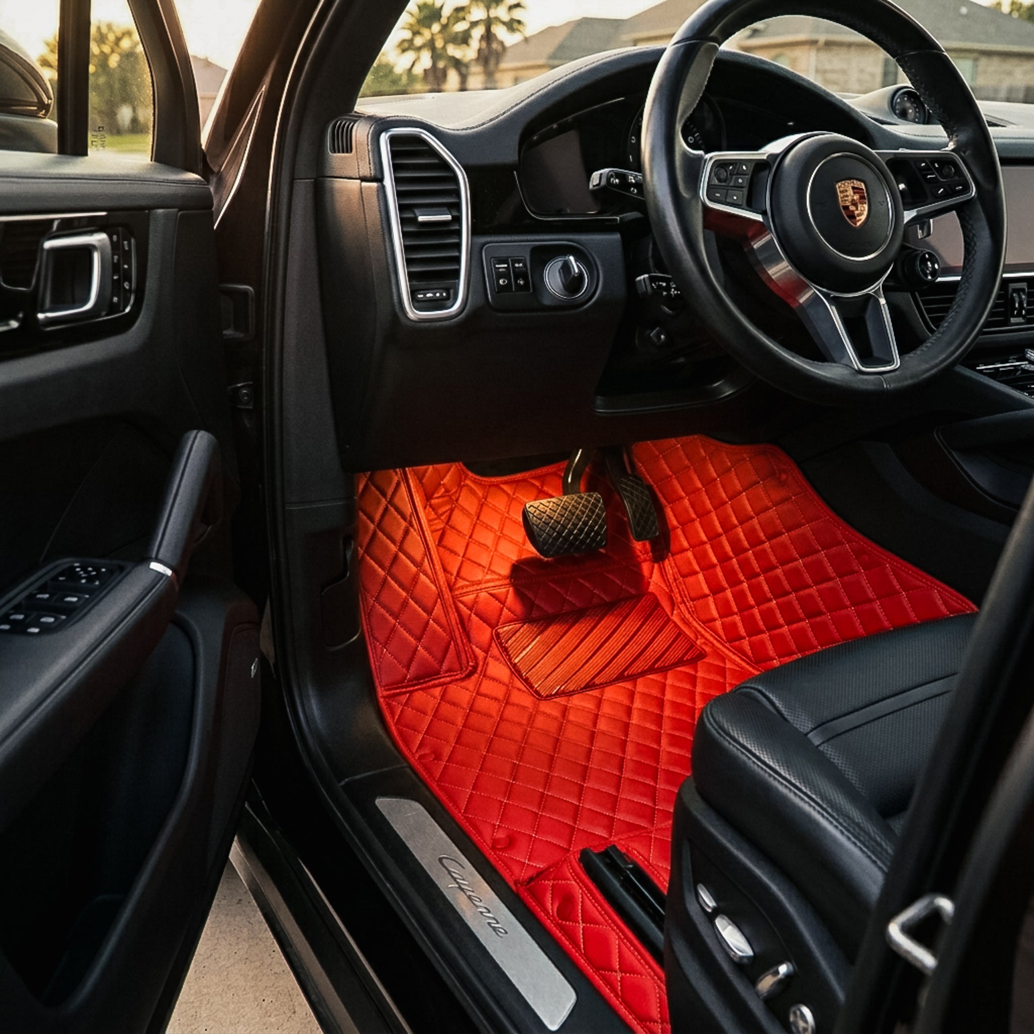 Diamond car mats in Ferrari red eco-leather, Matrikar custom-fit