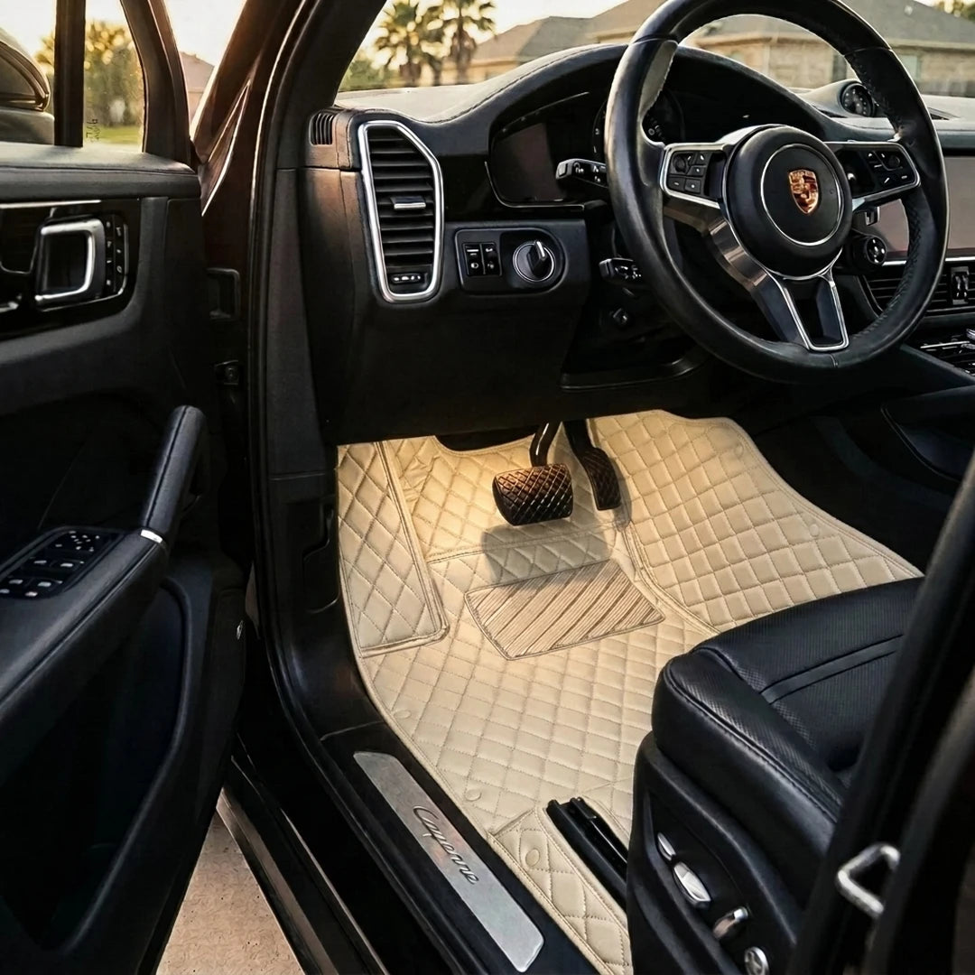 Matrikar Diamond Series custom fit car mats in Cream Beige fitted in a Porsche Cayenne driver footwell