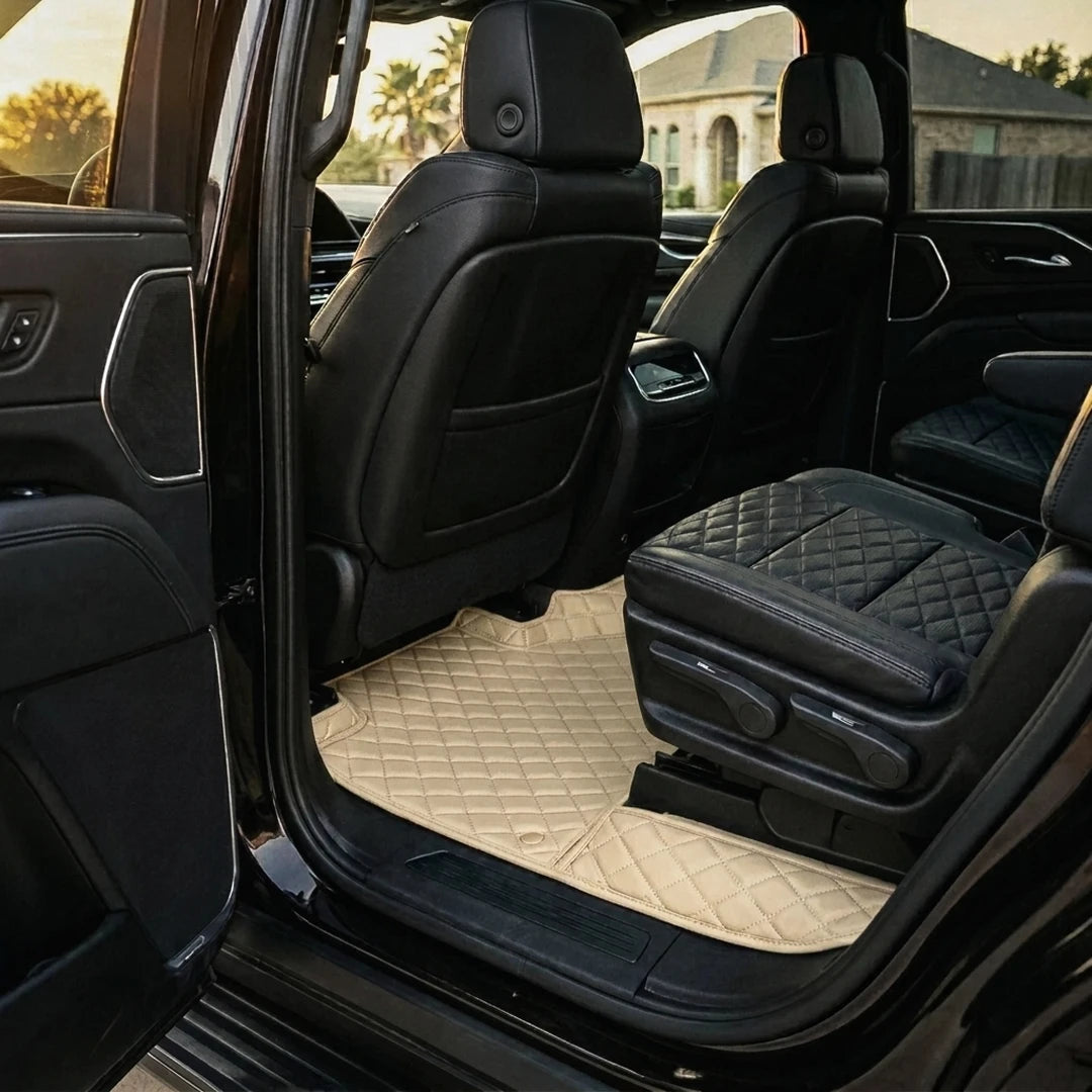Matrikar Diamond Series custom fit car mats in Cream Beige fitted in the rear row of a Cadillac Escalade