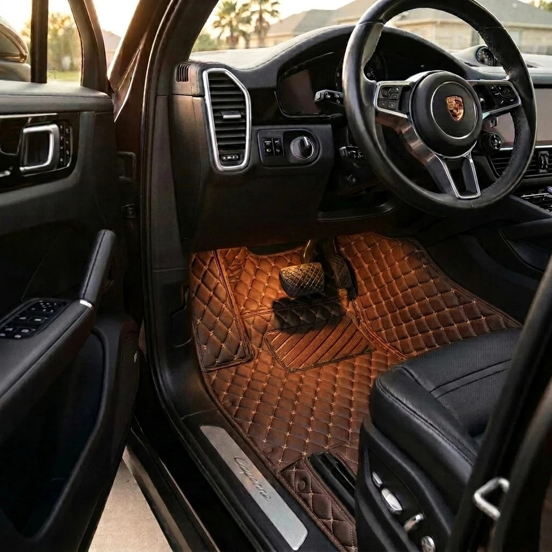 Matrikar Diamond Series custom fit car mats in Chocolate Brown fitted in a Porsche Cayenne driver footwell