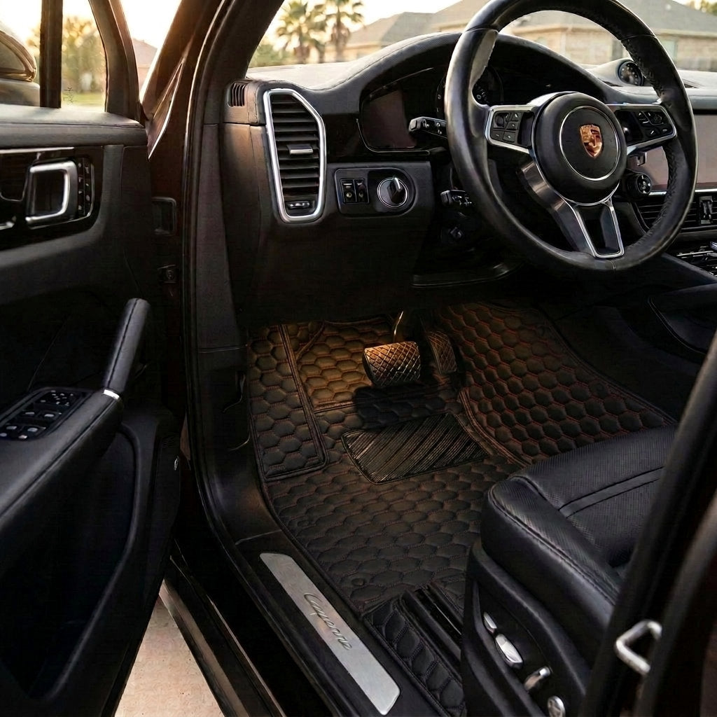 Matrikar Hexa Series custom fit car mats in Black with Red Stitching fitted in a Porsche Cayenne driver footwell