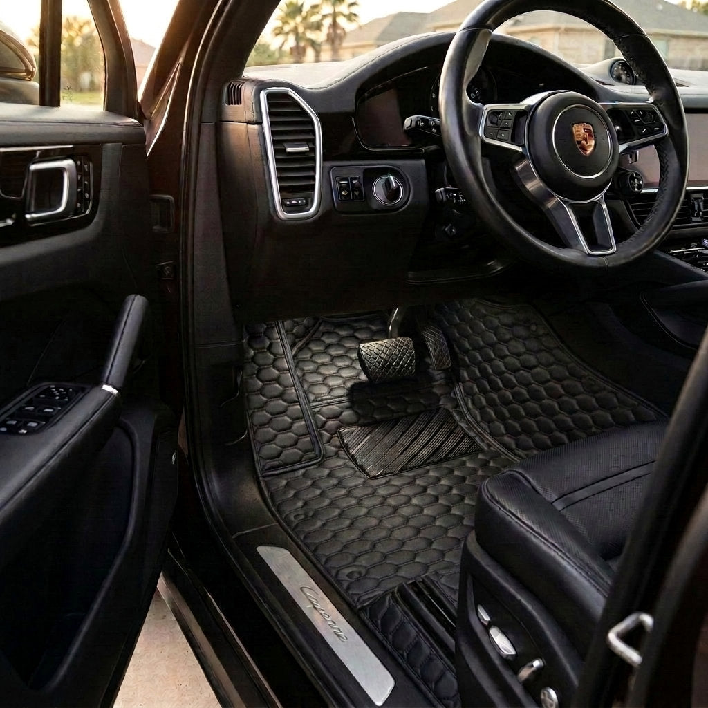 Matrikar Hexa Series custom fit car mats in All Black fitted in a Porsche Cayenne driver footwell