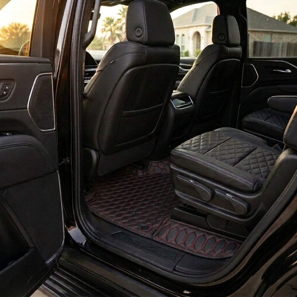 Matrikar Hexa Series custom fit car mats in Black with Red Stitching fitted in the rear row of a Cadillac Escalade