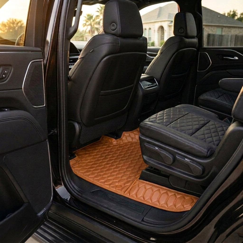 Matrikar Hexa Series custom fit car mats in Caramel Brown fitted in the rear row of a Cadillac Escalade