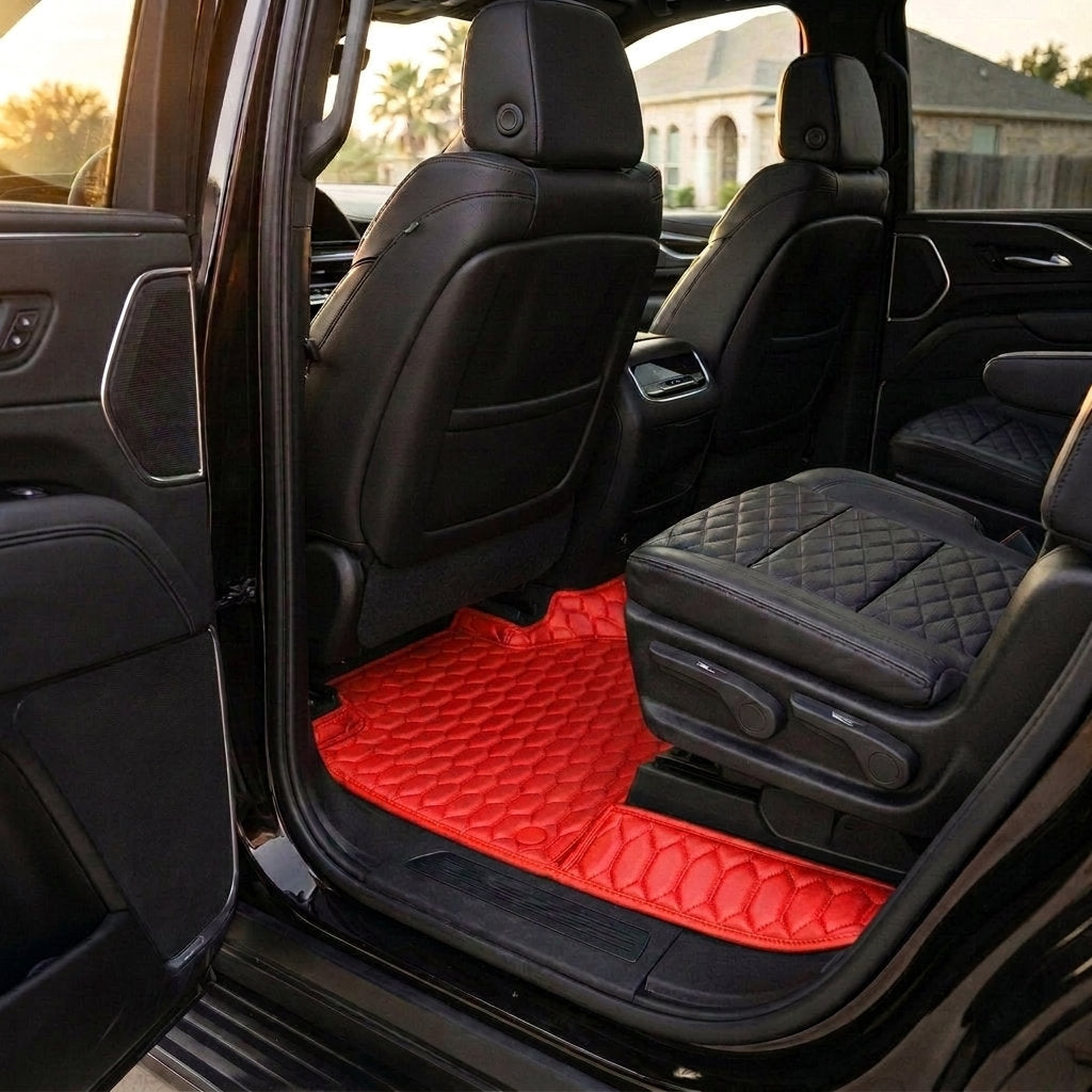 Matrikar Hexa Series custom fit car mats in Ferrari Red fitted in the rear row of a Cadillac Escalade