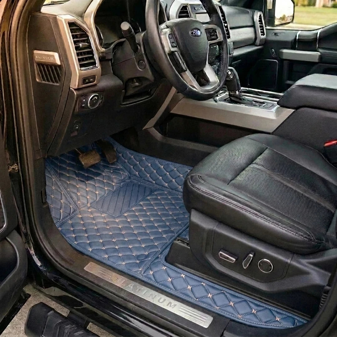 Matrikar Diamond Series custom fit car mats in Vintage Blue fitted in a Ford F-150 Platinum