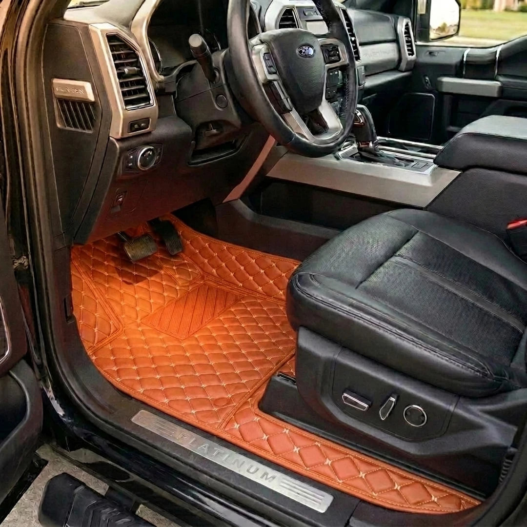 Matrikar Diamond Series custom fit car mats in Caramel Brown fitted in a Ford F-150 Platinum