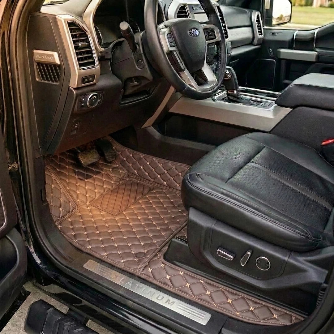 Matrikar Diamond Series custom fit car mats in Chocolate Brown fitted in a Ford F-150 Platinum