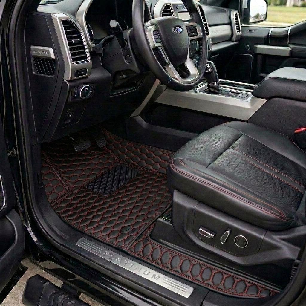 Matrikar Hexa Series custom fit car mats in Black with Red Stitching fitted in a Ford F-150 Platinum