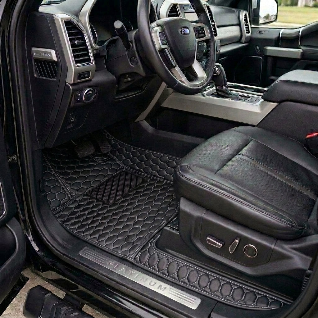 Matrikar Hexa Series custom fit car mats in Black with White Stitching fitted in a Ford F-150 Platinum