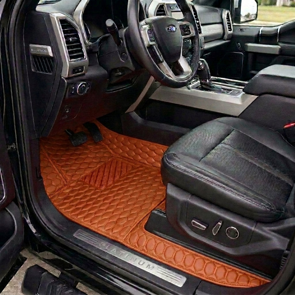 Matrikar Hexa Series custom fit car mats in Caramel Brown fitted in a Ford F-150 Platinum