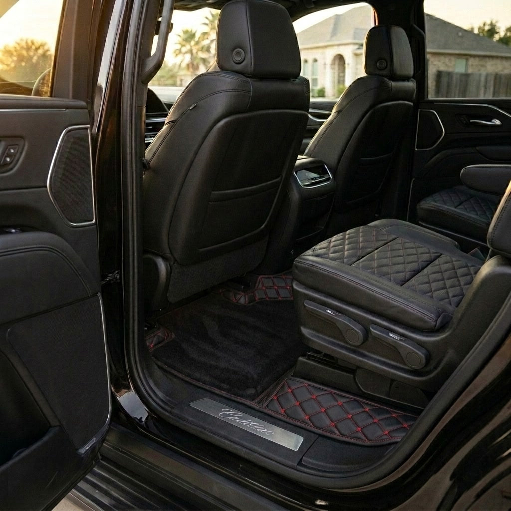 Dual-Layer Series Custom Fit Car Mats - Black & Red Stitching & Black Top Carpet