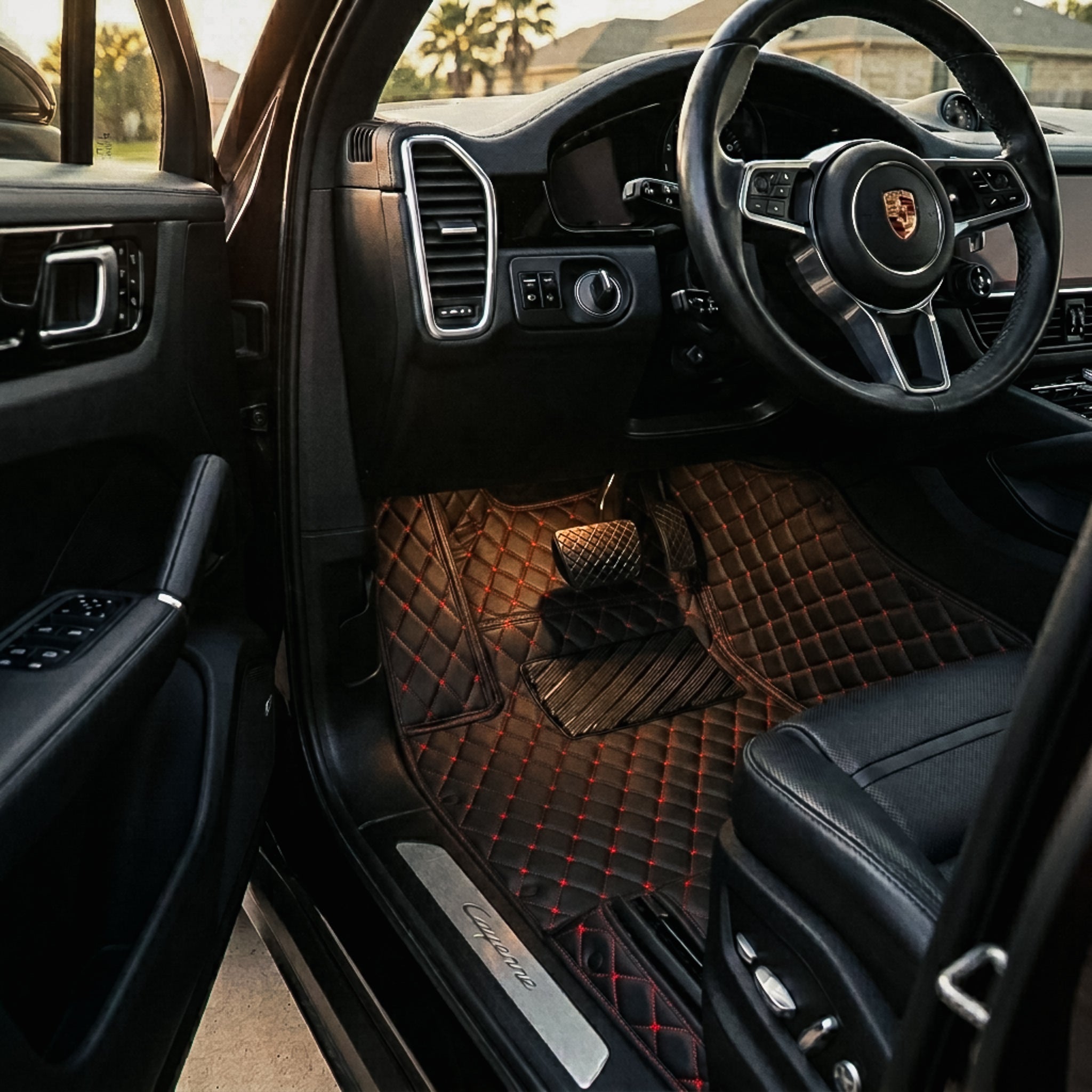 Black & red stitching Diamond floor mats in eco-leather, hand-cut by Matrikar