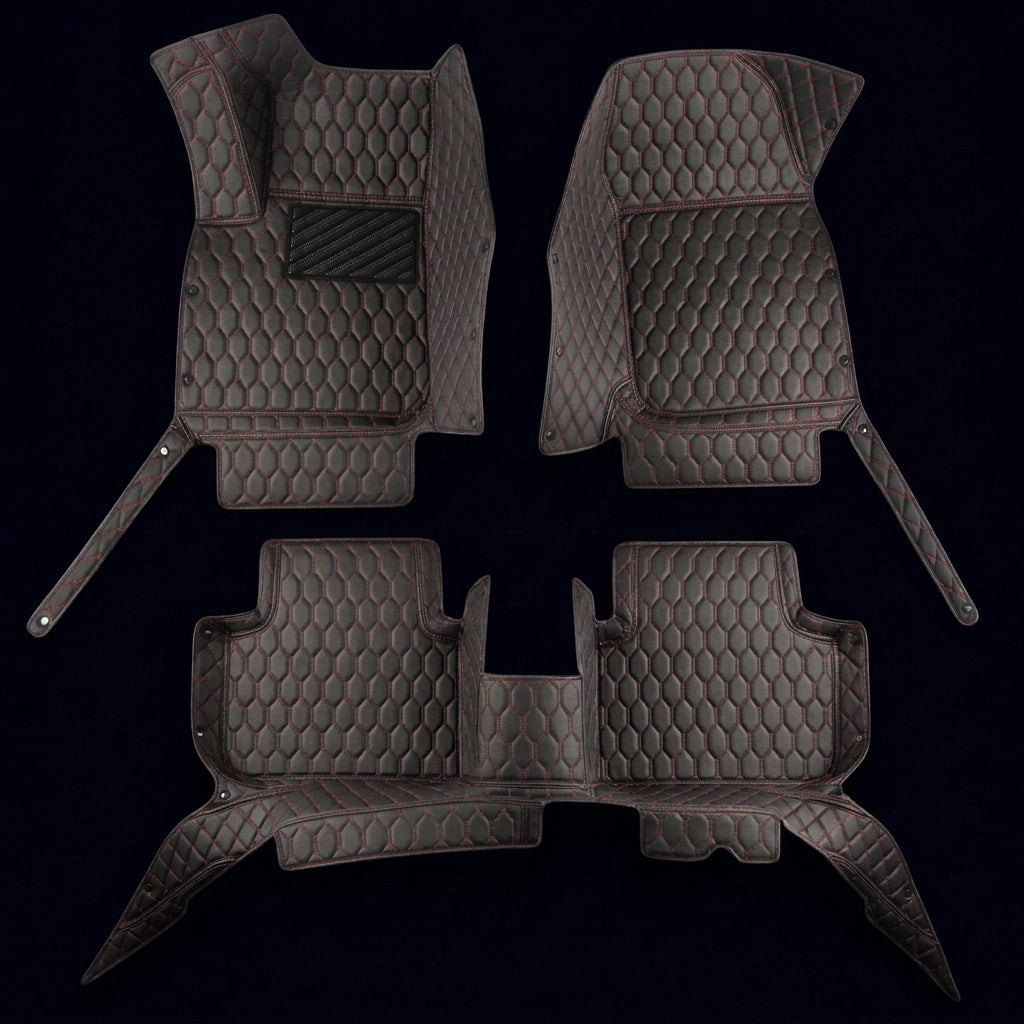 Tapis d'auto sur mesure série Hexa - Surpiqûres noir et rouge