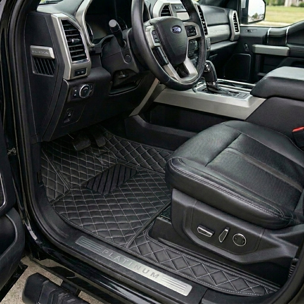 Diamond Series Custom Fit Car Mats - Black & White Stitching