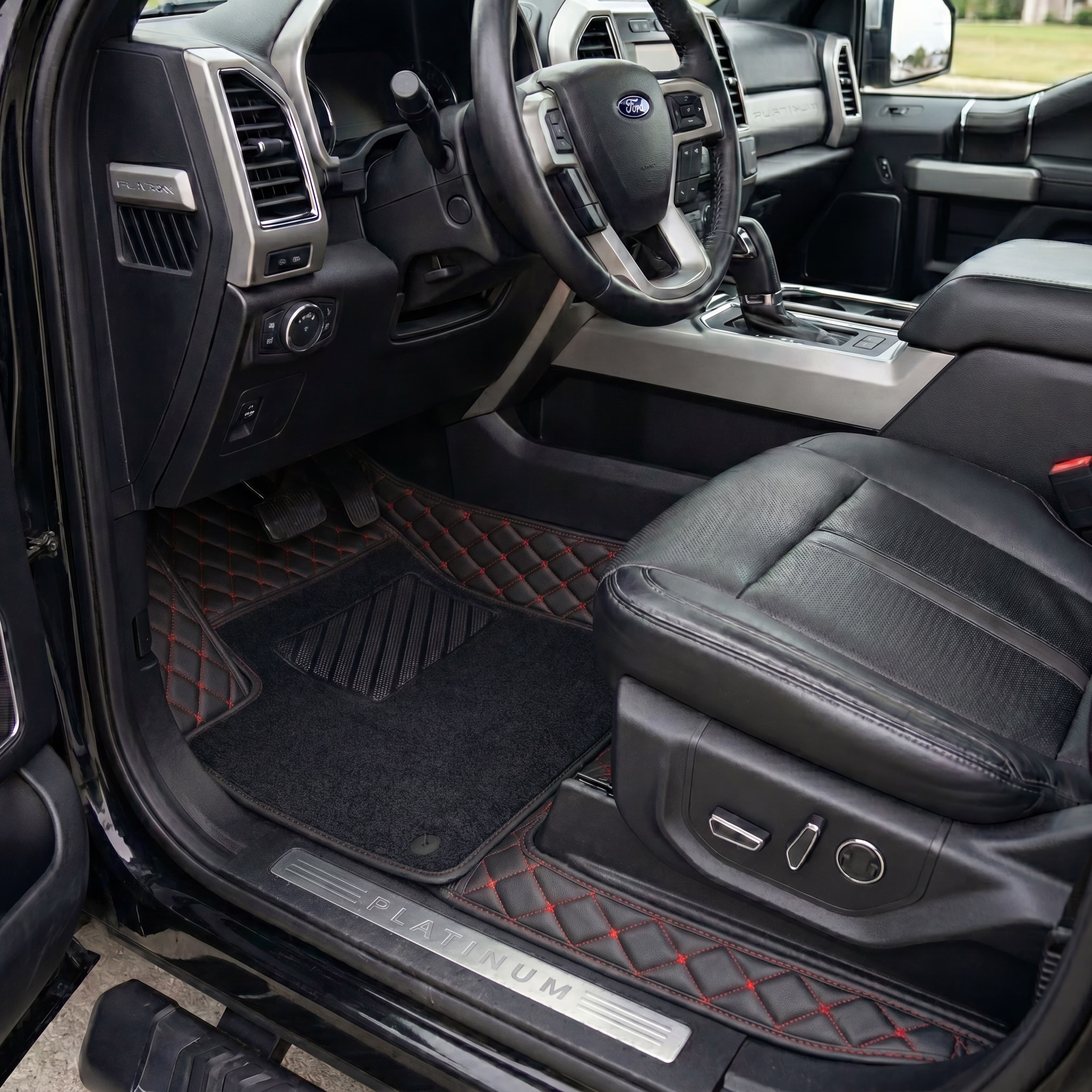 Dual-Layer Series Custom Fit Car Mats - Black & Red Stitching & Black Top Carpet