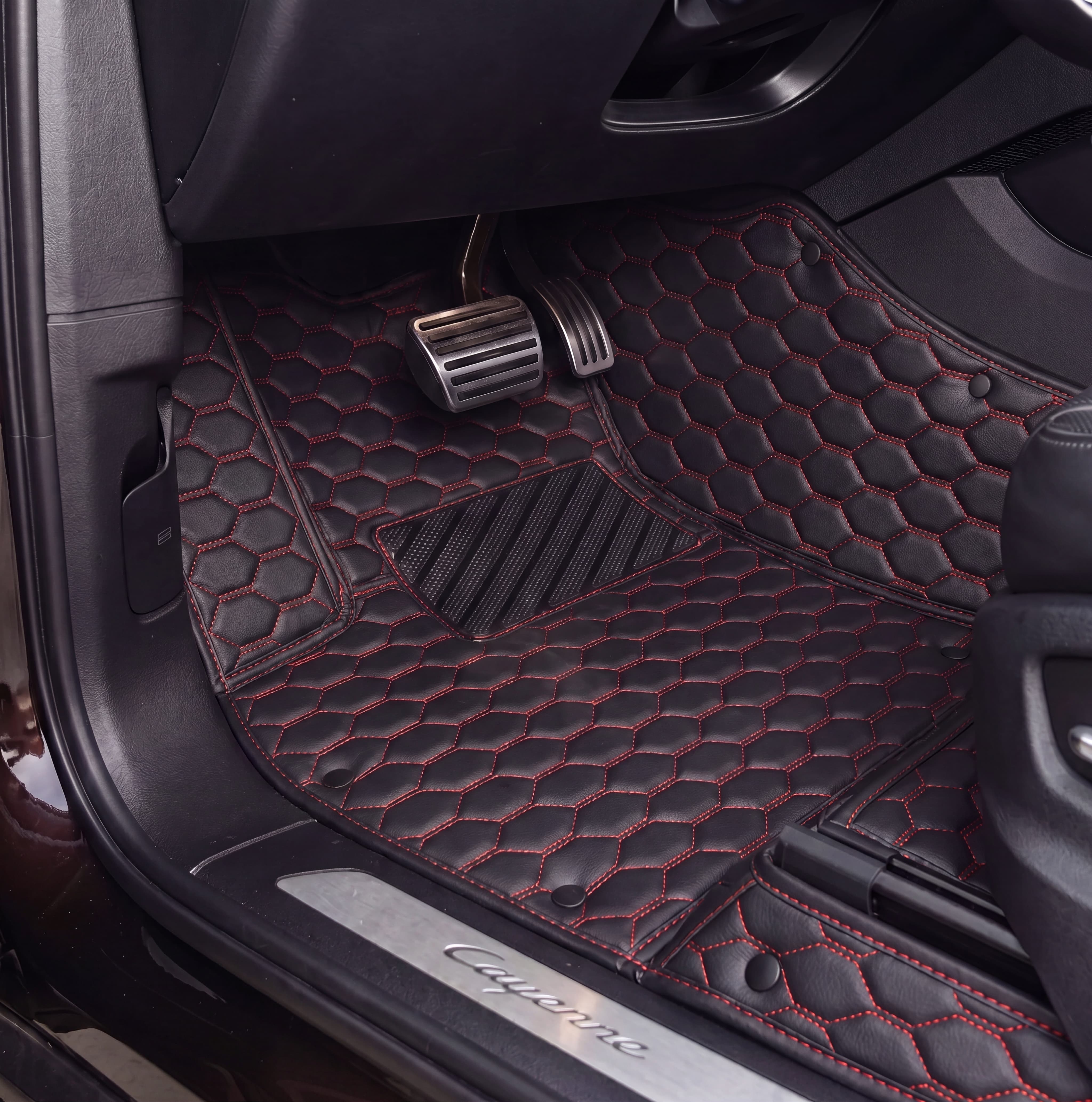 Hexa Series Custom Fit Car Mats - Black & Red Stitching