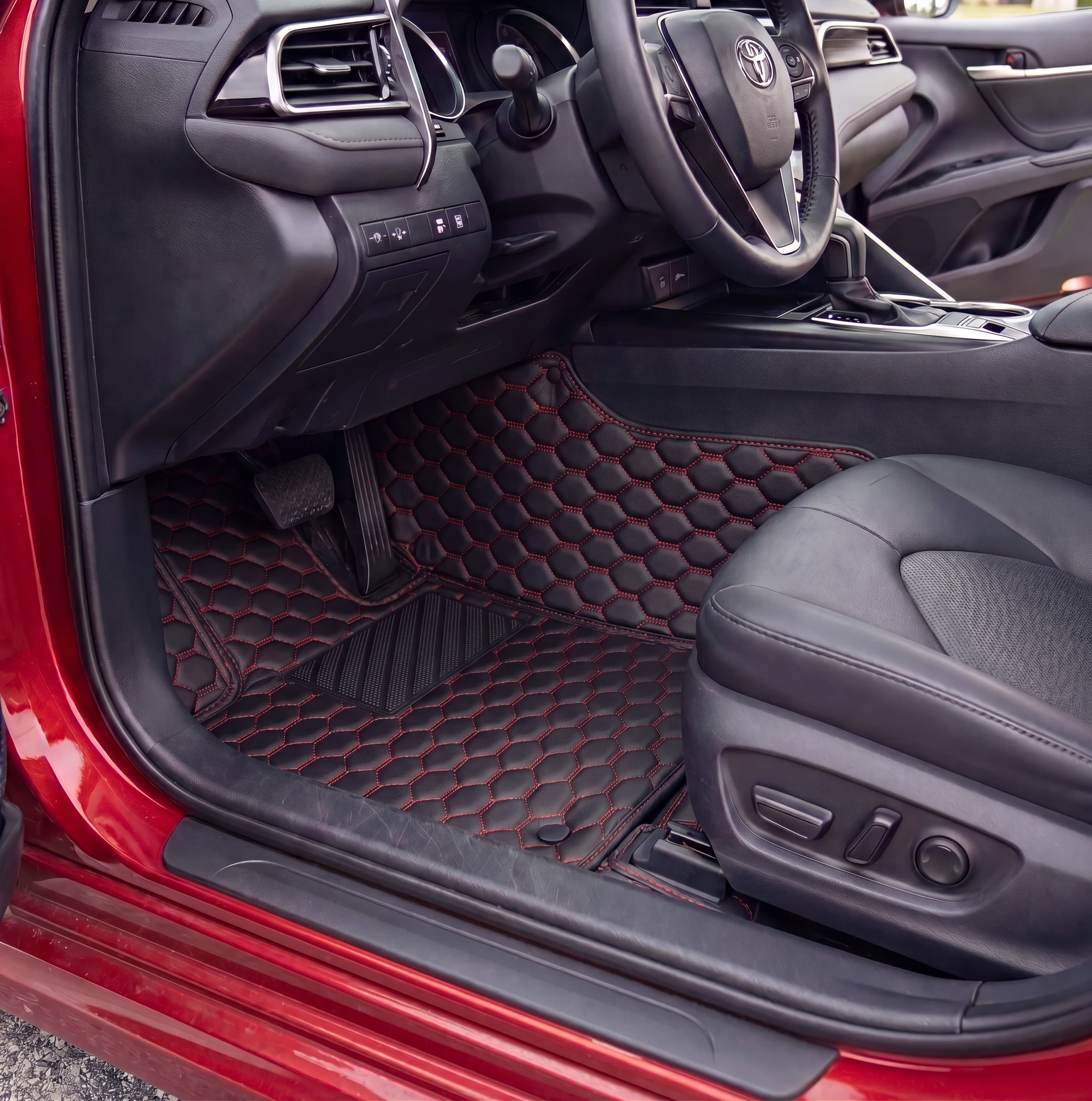 Hexa Series Custom Fit Car Mats - Black & Red Stitching