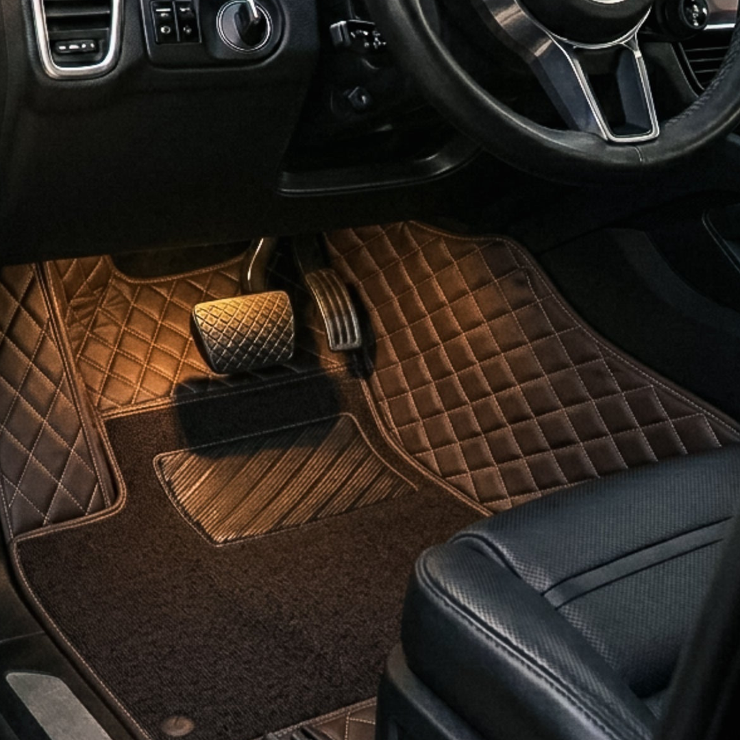 Matrikar Dual-Layer Series custom fit car mat in Chocolate Brown with a chocolate brown top carpet, installed in a driver footwell
