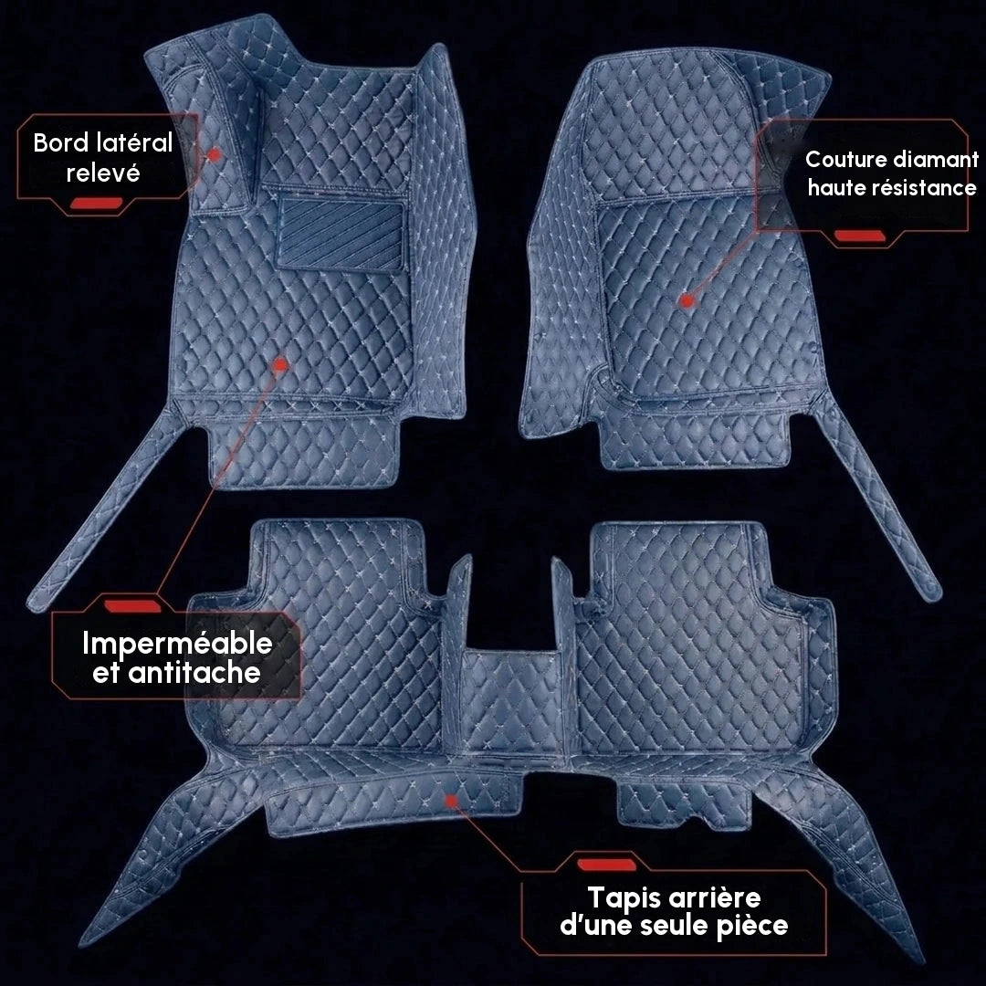 Ensemble complet de tapis d'auto Matrikar série Diamond en bleu vintage, montrant les bords latéraux relevés, une couture diamant et le tapis arrière d'une seule pièce
