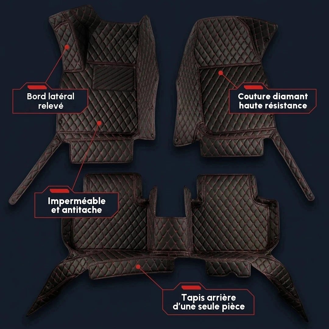 Ensemble complet de tapis d'auto Matrikar série Diamond en noir à surpiqûres rouges, montrant les bords latéraux relevés, une couture diamant et le tapis arrière d'une seule pièce