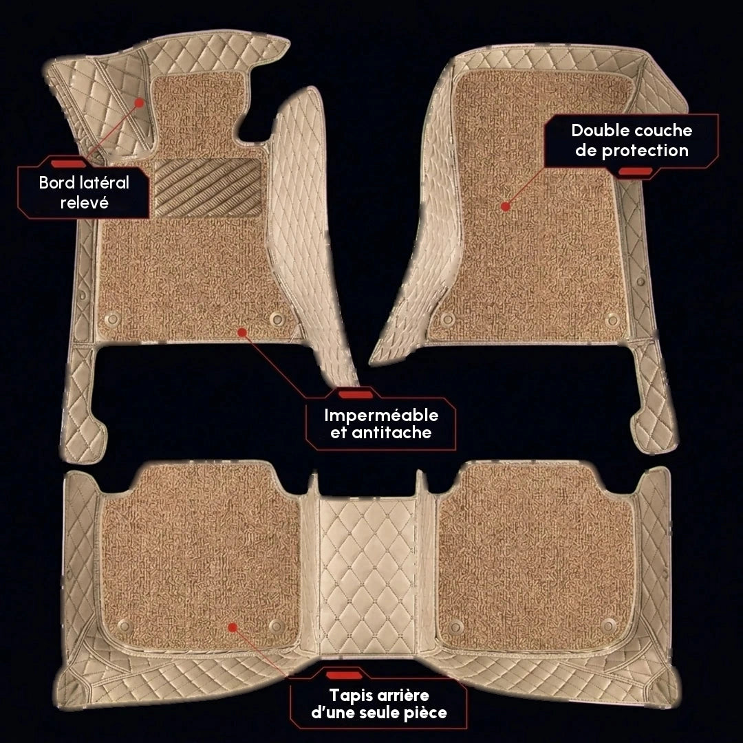 Ensemble complet de tapis d'auto Matrikar série Dual-Layer en beige crème avec moquette beige, montrant la moquette amovible, les bords latéraux relevés et le tapis arrière d'une seule pièce