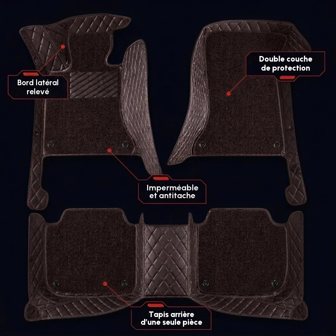 Ensemble complet de tapis d'auto Matrikar série Dual-Layer en brun chocolat avec moquette brun chocolat, montrant la moquette amovible, les bords latéraux relevés et le tapis arrière d'une seule pièce