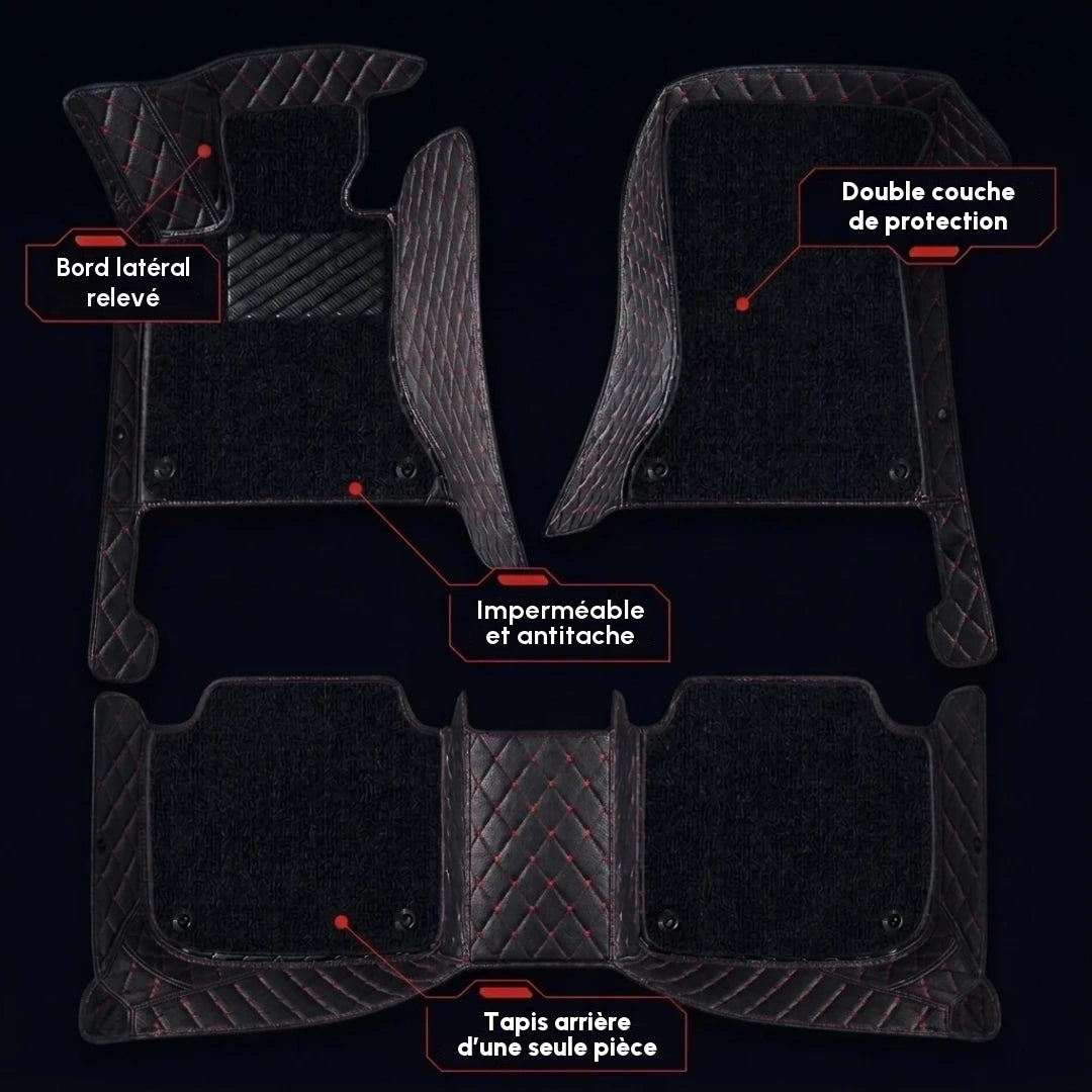Ensemble complet de tapis d'auto Matrikar série Dual-Layer en noir à surpiqûres rouges avec moquette noire, montrant la moquette amovible, les bords latéraux relevés et le tapis arrière d'une seule pièce