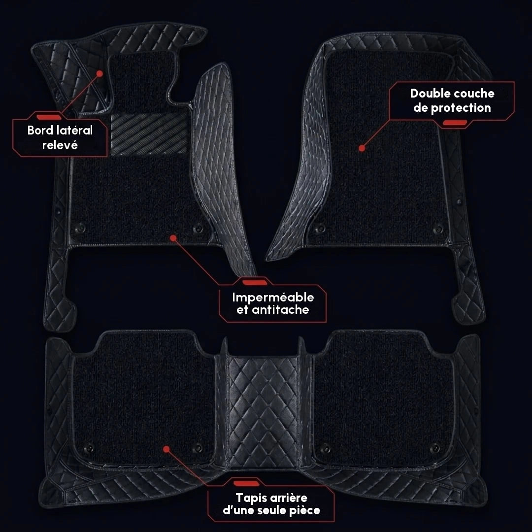 Ensemble complet de tapis d'auto Matrikar série Dual-Layer en tout noir avec moquette noire, montrant la moquette amovible, les bords latéraux relevés et le tapis arrière d'une seule pièce