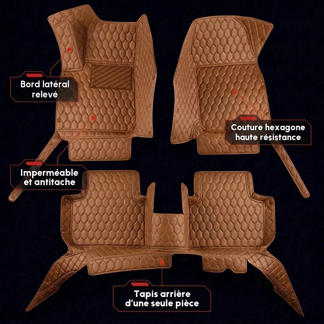 Ensemble complet de tapis d'auto Matrikar série Hexa en brun caramel, montrant les bords latéraux relevés, une couture hexagone et le tapis arrière d'une seule pièce
