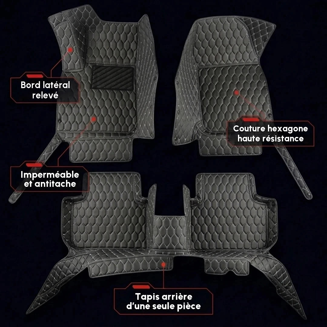 Ensemble complet de tapis d'auto Matrikar série Hexa en noir à surpiqûres blanches, montrant les bords latéraux relevés, une couture hexagone et le tapis arrière d'une seule pièce