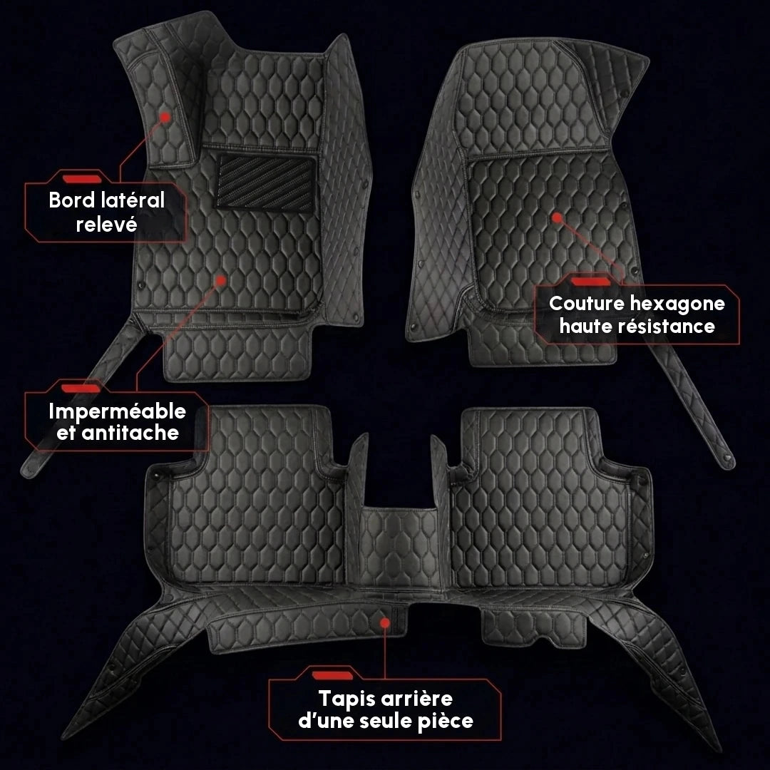 Ensemble complet de tapis d'auto Matrikar série Hexa en tout noir, montrant les bords latéraux relevés, une couture hexagone et le tapis arrière d'une seule pièce