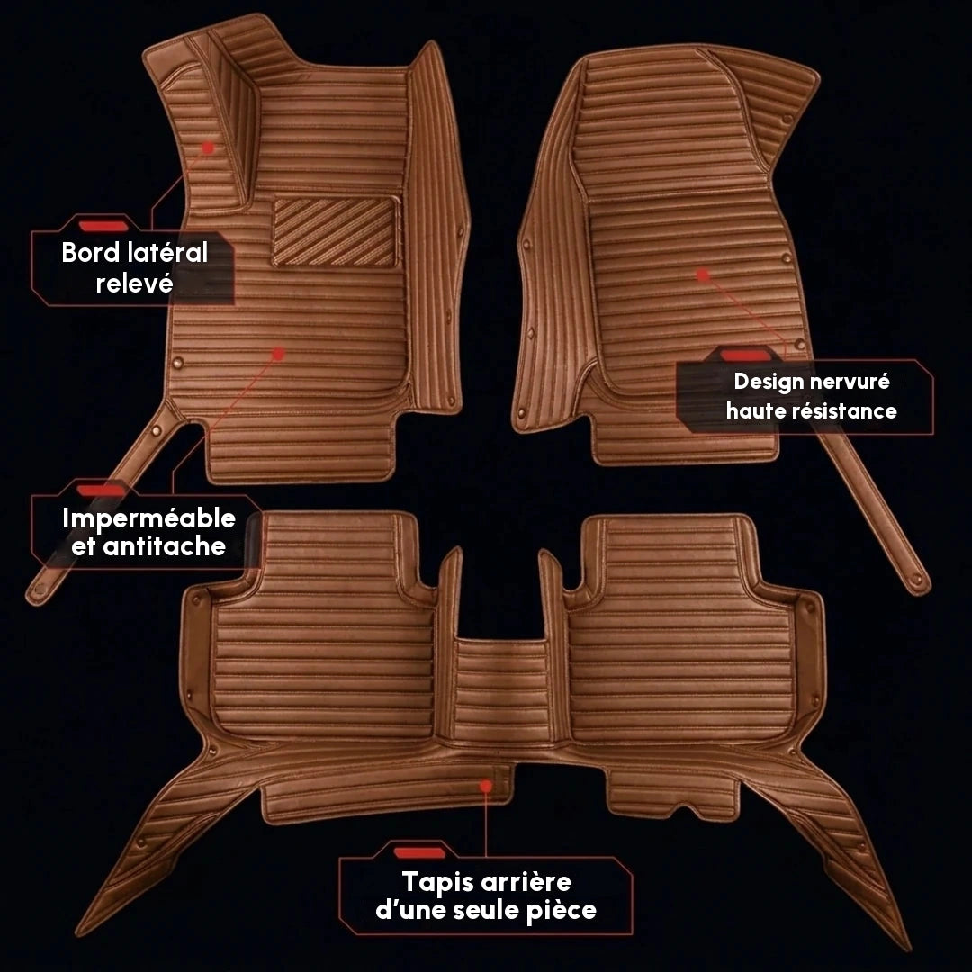 Ensemble complet de tapis d'auto Matrikar série Ribbed en brun caramel, montrant les bords latéraux relevés, un design nervuré et le tapis arrière d'une seule pièce