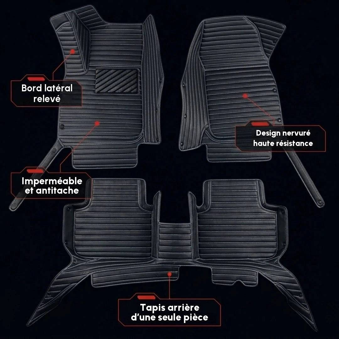Ensemble complet de tapis d'auto Matrikar série Ribbed en noir et blanc, montrant les bords latéraux relevés, un design nervuré et le tapis arrière d'une seule pièce