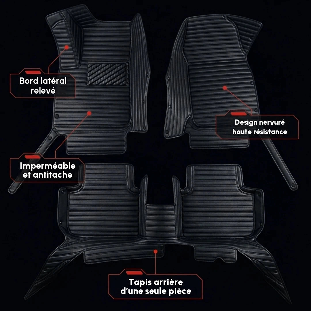 Ensemble complet de tapis d'auto Matrikar série Ribbed en tout noir, montrant les bords latéraux relevés, un design nervuré et le tapis arrière d'une seule pièce