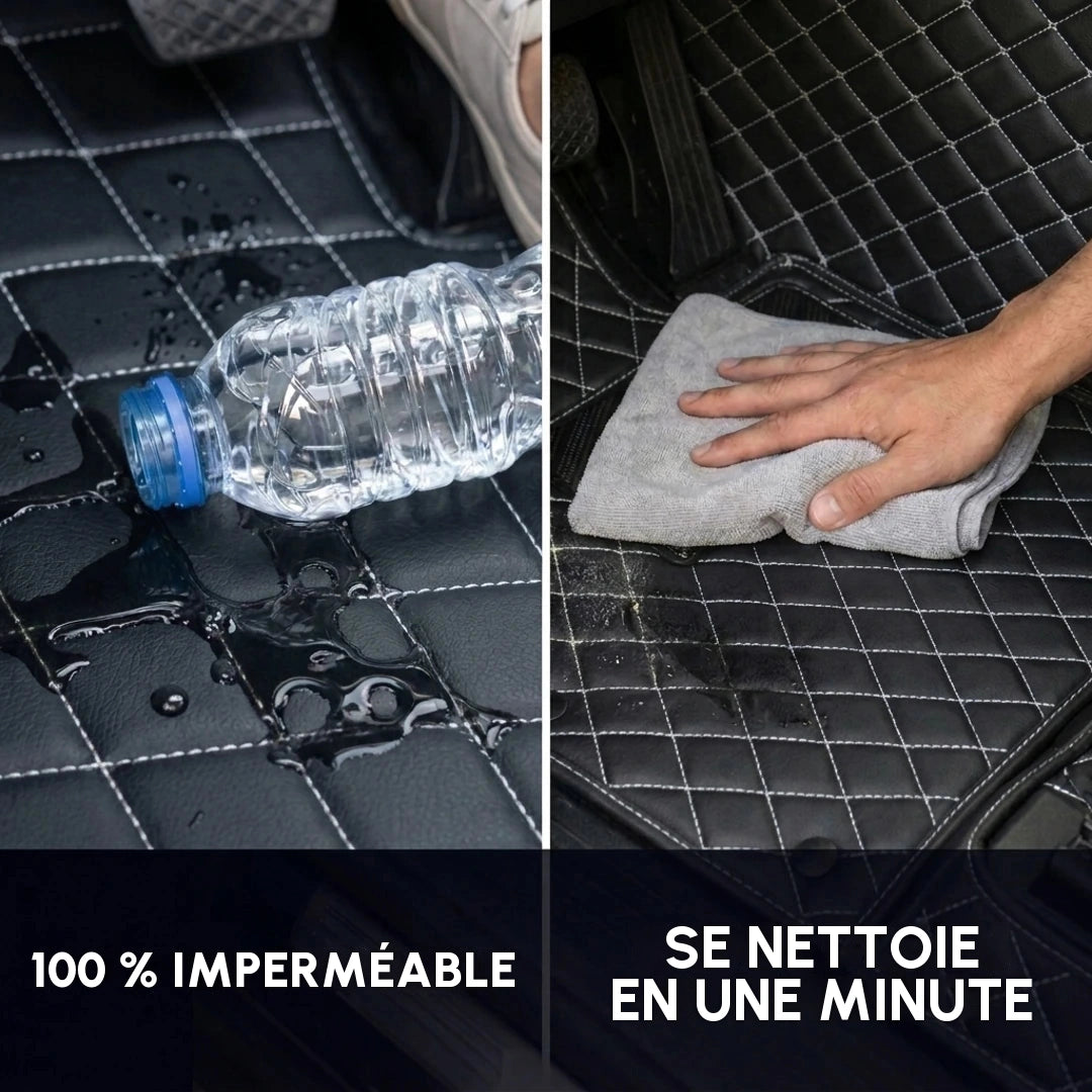 Tapis d'auto Matrikar série Diamond en noir à surpiqûres blanches repoussant l'eau renversée et se nettoyant d'un coup de chiffon
