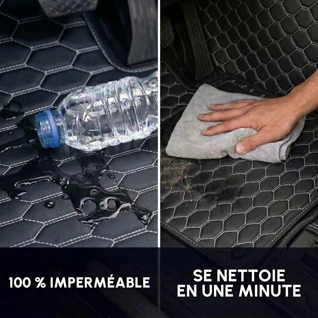 Tapis d'auto Matrikar série Hexa en noir à surpiqûres blanches repoussant l'eau renversée et se nettoyant d'un coup de chiffon