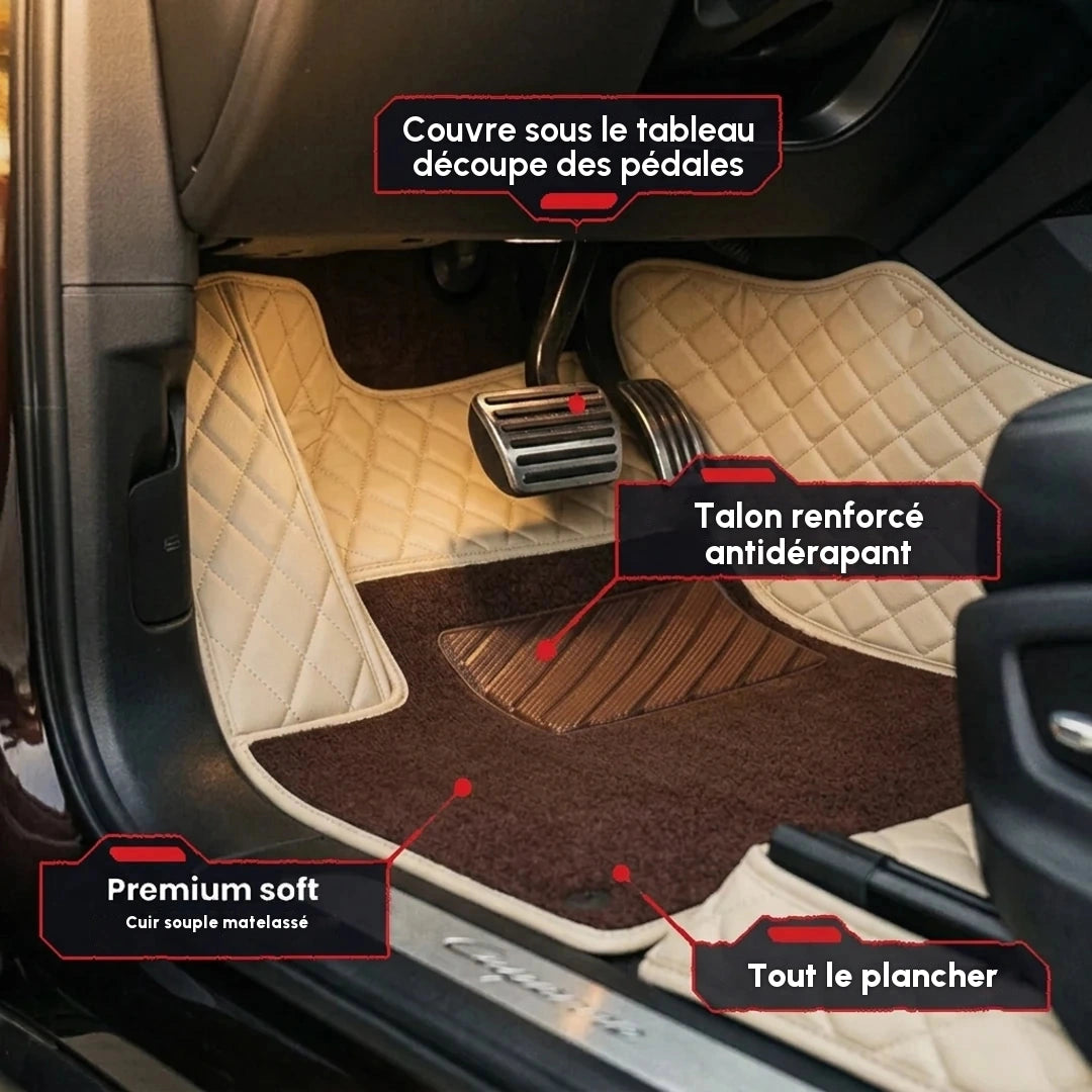 Gros plan d'un tapis d'auto Matrikar série Dual-Layer en beige crème avec moquette brune, montrant la couverture sous le tableau de bord, la découpe des pédales et la surface antidérapante