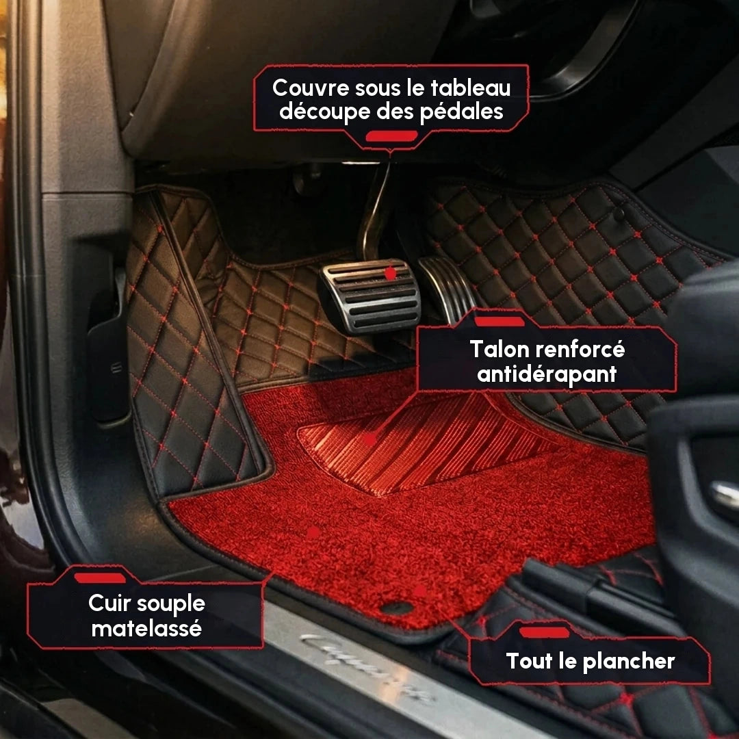 Gros plan d'un tapis d'auto Matrikar série Dual-Layer en noir à surpiqûres rouges avec moquette rouge, montrant la couverture sous le tableau de bord, la découpe des pédales et la surface antidérapante