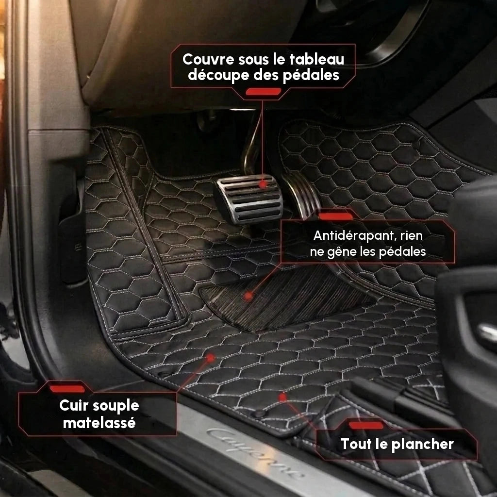 Gros plan d'un tapis d'auto Matrikar série Hexa en noir à surpiqûres blanches, montrant la couverture sous le tableau de bord, la découpe des pédales et la surface antidérapante